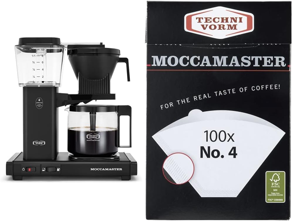 Moccamaster 53948 KBGV Select 10-Cup Coffee Maker, Matte Black, 40 ounce, 1.25l & #4 White Paper Filters, 100-count per box