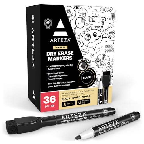 ARTEZA Black Dry Erase Markers with Erasers – Pack of 36 Magnetic Fine Tip Whiteboard Pens with Low-Odor Ink for School, Office & Home Use