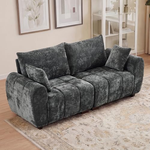 Image of 82 inch Loveseat Cloud Couch, Grey Chenille Modern Upholstered 2-Seater Sofa with Tufted Deep Seat & Wood Legs, Comfy Small Love Seat Couch for Living Room Apartment