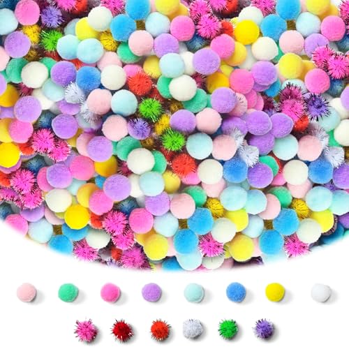 RITOLLO 1200 Stück Pompons Zum Basteln (1cm) ungefähr 1000 Bunt Pompons & 200 Glitzer-Filzkugeln für DIY-Projekte Handwerk Geschenkverzierung & Kreative Deko