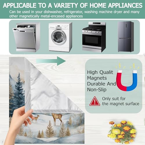 Image of Dishwasher Magnets Decorative Cover,Winter Mountain Refrigerator Magnet Cover,Washable Forest Deer Dishwasher Front Panel Cover Home Kitchen Decoration 23x26 Inch