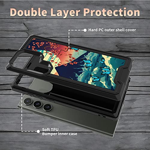 BWEGRHE for Samsung Galaxy S23 Ultra Case with Mount Fuji Sakura Butterfly Pattern Design, Dual Layer Hybrid Hard PC Soft TPU Inner Bumper Heavy Duty Rugged Shockproof Case for Galaxy S23 Ultra