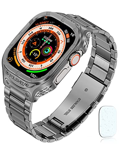 San Jeirie for Apple Watch Ultra Strap 49mm,Stainless Steel Apple Watch Ultra Band and Case,Rugged Metal Protective Bumper Cover with Military Soft TPU Case for Men iWatch Strap (Grey)