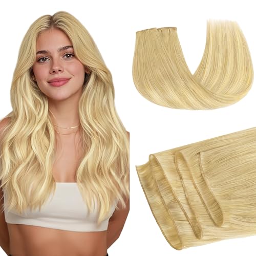 Image of GOO GOO Genius Weft Hair Extensions Human Hair, Sew In Weft Extensions, Seamless Blend & No Bulk Flat, Natural Volume for Women, 18AT60A Pearl Ash Blonde Highlights 14 Inch 100g