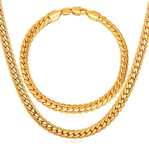 U7 Chain Set 18K Gold Plated Chunky Hip Hop Jewelry Unique Snake Curb Chain for Men, Necklace 22 Inch, Bracelet 8.3"