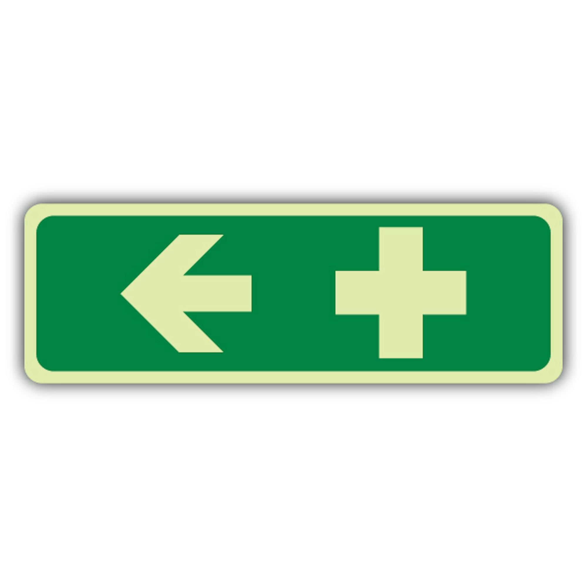 V Safety First Aid Arrow Left Sign – 600 x 200 mm – Double Glow rigido