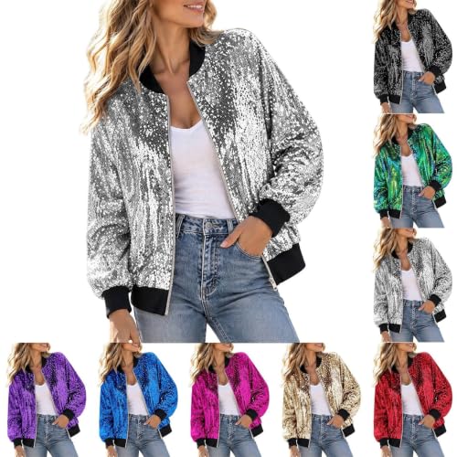 Sequin Jackets for Women 80S 90S Bomber Jacket Zip Up Sparkly Party Coat - image 1