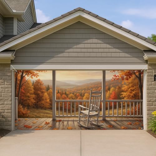 Decoración de otoño para puerta de garaje con paisaje rústico de árboles y mecedora 2