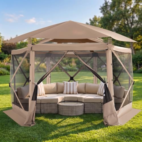 Image of COBIZI 12x12 FT Pop Up Canopy Stargazing Tent, Gazebos On Clearance with Removable Roof, Screened in Gazebo, Screen Tents Portable carpas para Patio for Outdoor Camping,Backyard, Garden, Khaki(Pro)