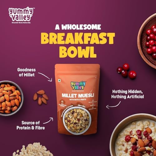 Image of Yummy Valley Millet Muesli Fruit, Nut & Seed 2.0-500g| 3.73g High Protein Muesli with High Fibre, 80% Multigrain with Sorghum & Almonds |No Refined Sugar | Jaggery Sweetened Breakfast Food for Adults