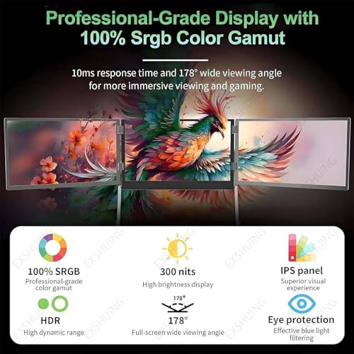 Image of Portable Triple Monitor, Laptop Screen Extender, 15.6 inch Fhd IPS 60hz, 100% Srgb 300 Nits, 360 Rotatable, USB-C One Cable, Dual Speakers for Home Office & Coding, Work from Home & Study