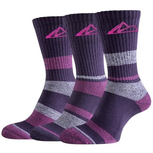 Effeet Wandersocken Damen 39-42 35-38, 3 Paar Baumwolle Gepolsterte Sportsocken, Atmungsaktive Laufsocken Tennissocken, Anti Blase Trekkingsocken, Crew Outdoor Socken Damen, Holzkohle-Rosa 39-42