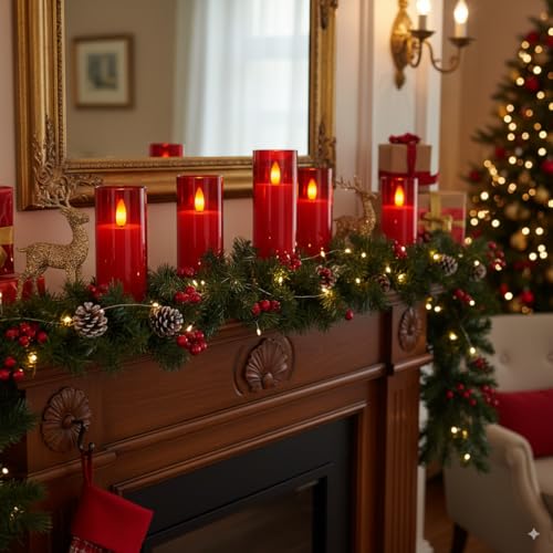 Image of Homemory Decorative Flameless Candles, Battery Operated Candles with Remote & Timer, Flickering Led Pillar Candles, Plexiglass, Red, Pack of 9, D2.2 xH 5 inch 6 inch 7 inch
