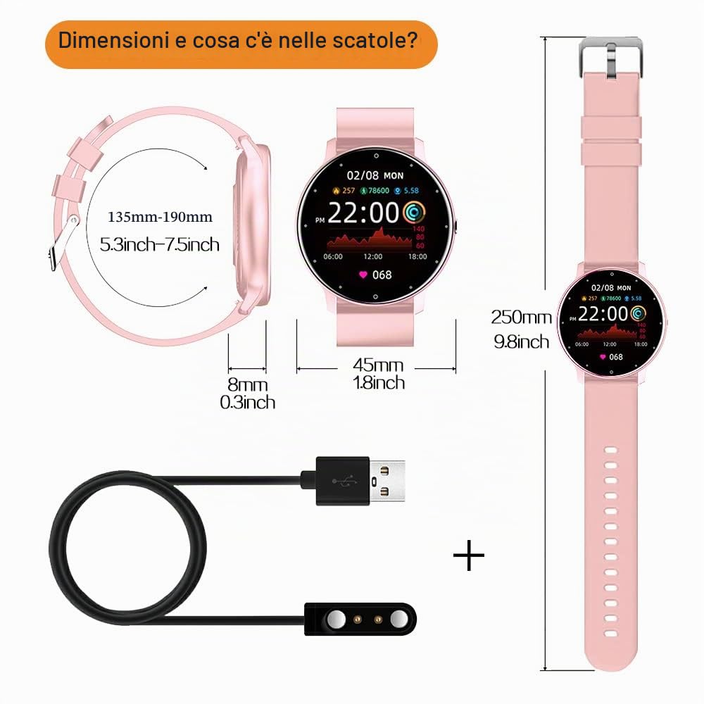 0,8cm Ultra Sottile Orologio Intelligente Tracker di Fitness Contapassi con Funzioni Monitoraggio di Frequenza Cardiaca, Pressione Sanguigna, Ossigeno nel Sangue e Sonno, Notifica Push Messaggio