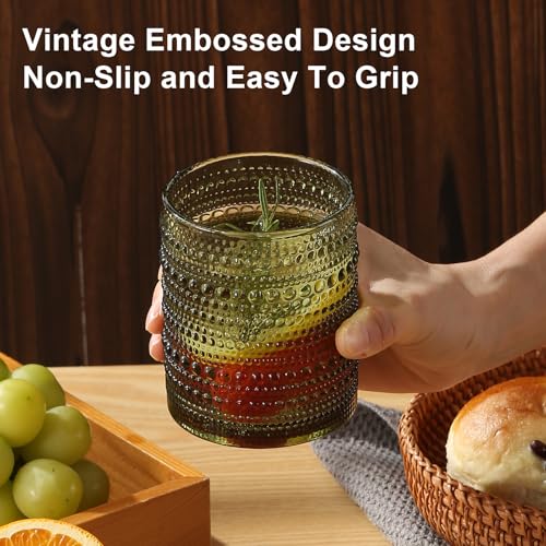 Image of ZMOWIPDL Drinking Glasses Set of 12,Green 12oz & 15oz Hobnail Glass Cups | Vintage Glassware,Embossed Water Tumbler,for Beer,Cocktail,Whiskey,Juice and Various Mixed Drinks- 1 Cleaning Brush