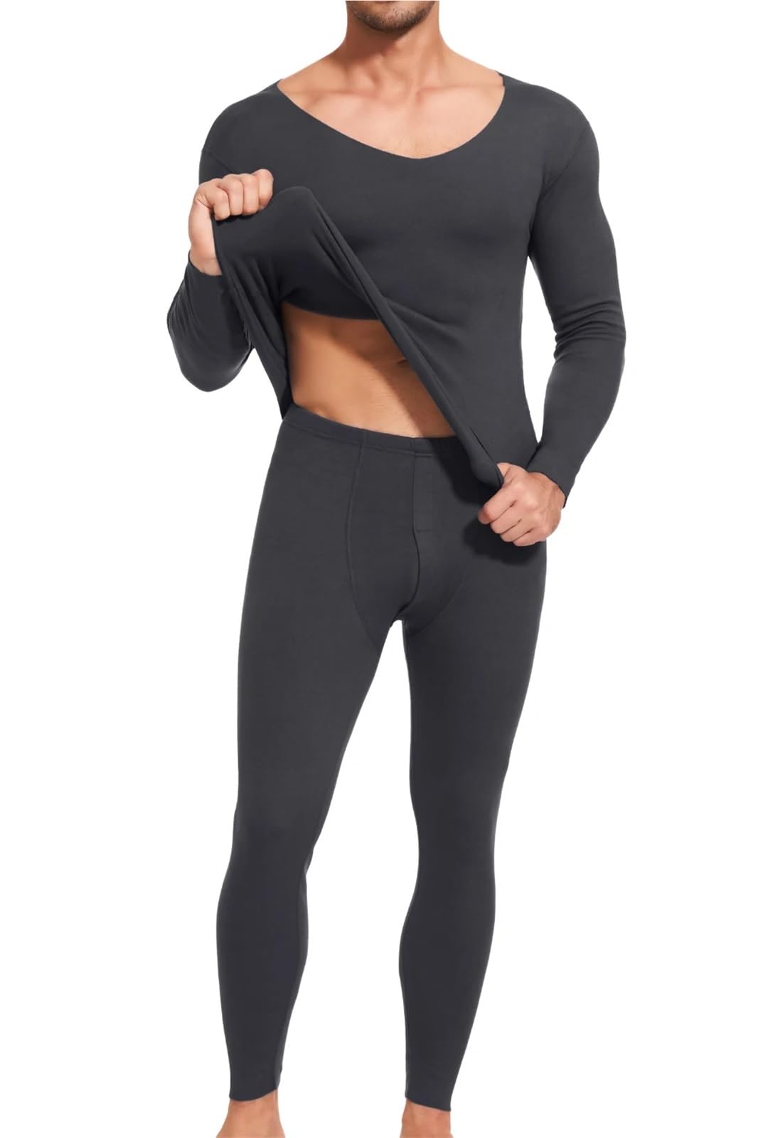 Conjuntos Térmicos Para Hombre Ropa interior térmica cepillada for hombre, conjunto de pantalones de manga larga con cuello en V, sin costuras, cómodos, de invierno Para El Running, El Esquí(Deep-Grey