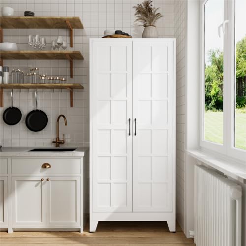 Image of COFaR 71 inch White Farmhouse Pantry Cabinet with Doors and Adjustable Shelves | 5-tier kitchen pantry cabinet with square-panel doors and 4 adjustable shelves for laundry room, office or garage storage.