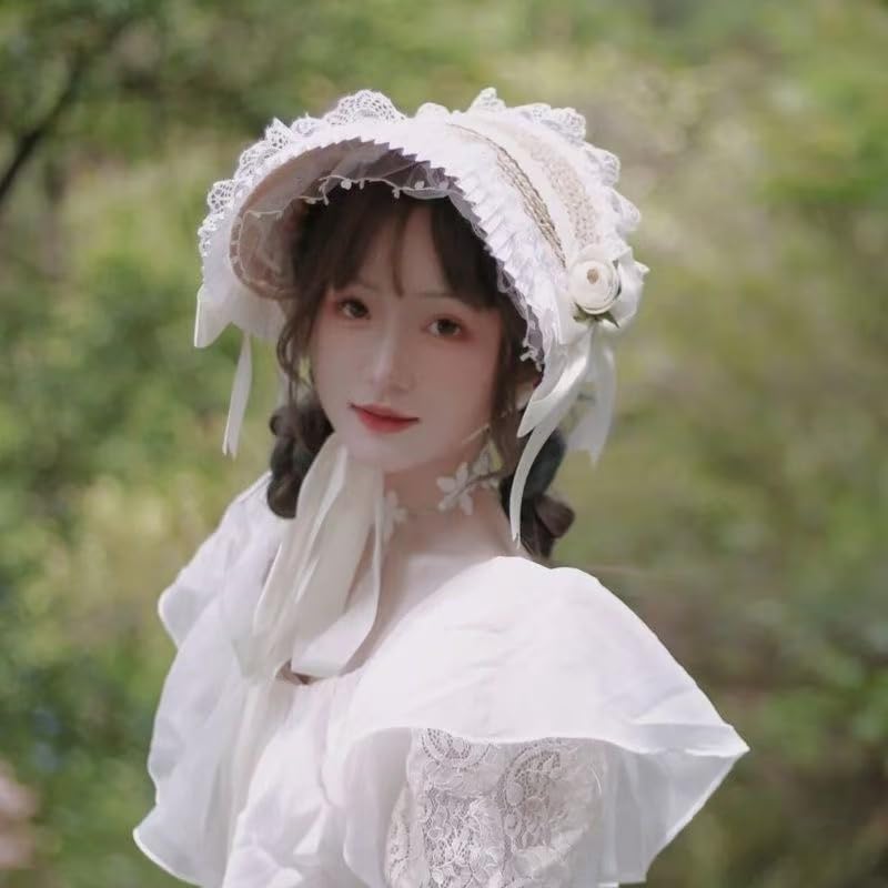 Sombrero victoriano de fiesta de té para mujer, con lazos de Lolita, sombreros de paja planos para mujer, sombrero de ala ancha con cordón de viento, color champán, Mediana 7