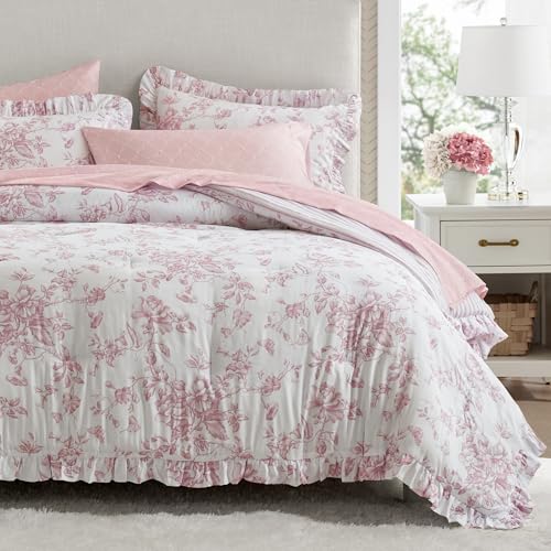 Image of Madison Park Essentials Adele Pink Floral Cal King Size Comforter Set - Vintage Bed in a Bag with Sheets, Reversible Ruffle Bedding, Elegant Gift for Her