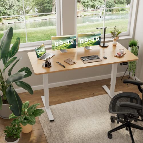 Furmax Electric Height Adjustable Standing Desk Large 63 x 24 Inches Sit Stand Up Desk Home Office Computer Desk Memory Preset with T-Shaped Metal Bracket, Wood