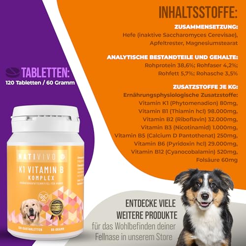 NatiVivo K1 Vitamin B Komplex Hund – hochdosierte Hunde Vitamine mit Vitamin B1, B12 & Folsäure Vitamine für Hunde 120 Premium Tabletten Made in Germany