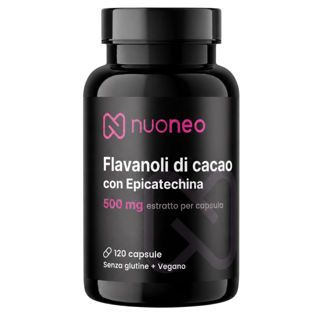 Flavonoli del cacao 250 mg con 22,5 mg di epicatechina per capsula – Flavonoidi del cacao 120 capsule – Bioflavonoidi – Supporta l'elasticità vascolare e la circolazione sanguigna – nueneo