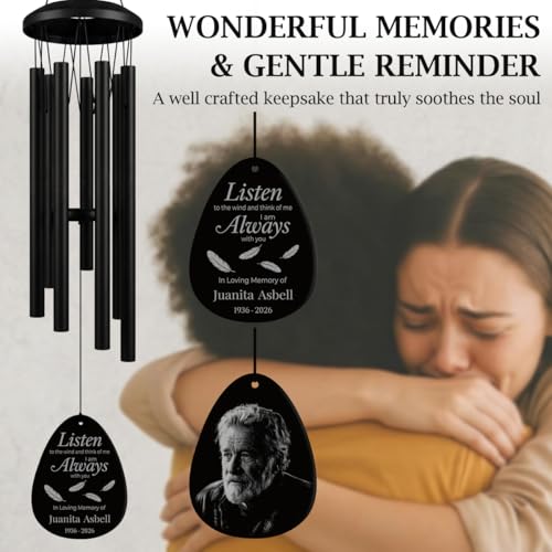 Image of Personalized Memorial Wind Chimes for Outside Custom Photo with Name & Date, in Loving Memory - Sympathy Gifts - Keepsake Loss of Beloved One