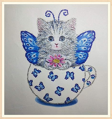 ABEUTY Diamond Painting DIY 5D Special Shape Rhinestones, Cat Kitten with Blue Butterfly Wing in The Cup, Partial Drill Crystal Diamond Art Kits