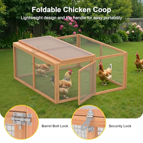 Chicken Coop, Wooden Rabbit Hutch Outdoor Indoor Folding Bunny Cage with Handle Portable Chicken Run with Top & Side Opening Doors Small Animal Playpen No Assembly Pet Poultry Cage for Bunny(Wood)