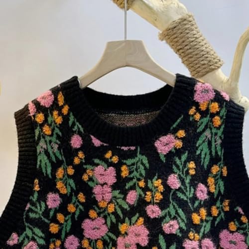 Image of Women Pink Peach Flower Embroidery Knitted Sleeveless O-neck Knitwear Sweater Vest, Large, Black