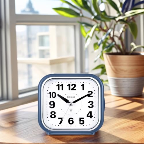 Image of Tinload 4.3 inch No Ticking Analog Alarm Clock,Silent Readable for Seniors,Easy to Set,Gradual Rise Alarm,Big Numbers,On /Off Switch on Side,Gentle Wake,Snooze,Lighted on Demand,Battery Operated,Blue