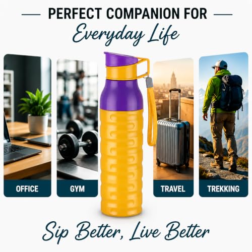 Image of CELLO Puro Steel-X Delta 900 PU Insulated Water Bottle for Office 705 ml Yellow | Wide Mouth Easy to Carry with Strap Leak Proof Flip Top Lid Inner Steel Water Bottle for School Kids, College & Travel
