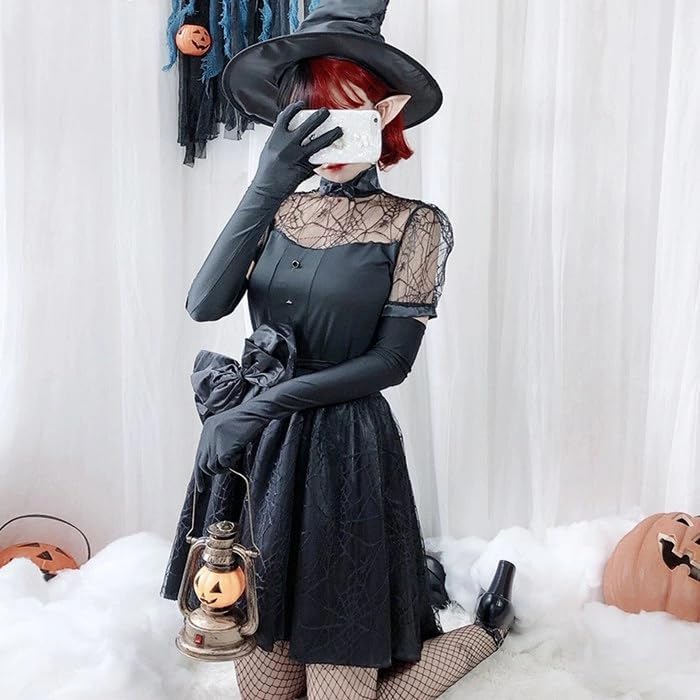 [TYYRBMG] ハロウィン コスプレ デビル 悪魔 小悪魔 魔女 魔法使い コスチューム 3点セット 【セット内容】ワンピース+手袋+帽子 衣装 ハロウィンセット ペア魔女 キャラクター 仮装 ブラック 女性 可愛いレース CXH451