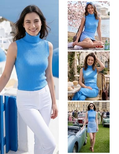 Image of v28 Women Sleeveless High Neck Turtleneck Stretchable Knit Sweater Top