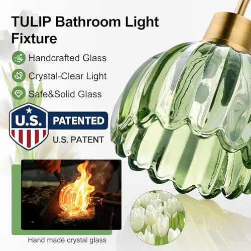 Image of Bathroom Light Fixtures (3-Light, 20 in), Brushed Gold Vanity Lights for Bathroom with Ribbed Green Tulip Glass Shade, Vintage Vanity Wall Lights for Mirror Bedroom Living Room Hallway
