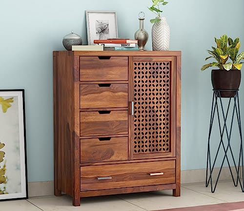 Image of Solid Sheesham Wood 5-Drawer Wooden Chest of Drawers with 2-Shelf Storage - Elegant and Spacious Dresser for Your Home (Honey Finish)