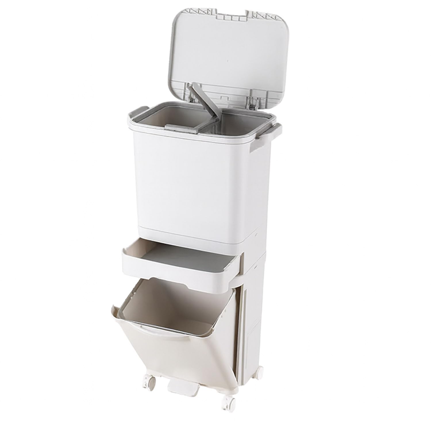 Thrink Dry and Wet Separation Trash Can, Vertical Waste Separation System with Wheels, Rubbish Trash Garbage Can, Kitchen Recycling Pedal Bin Waste with Large Recycle Compartments (52L)