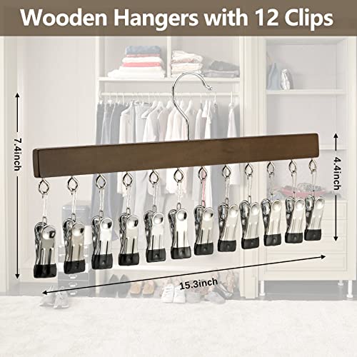 Cinpiuk Legging Organizer For Closet, Wooden Hangers With Clips Holds 12 Leggings/Yoga Pants/Jeans/Skirts, Hanging Pants Hangers W/Rubber Coated Clips Space Saving Closet Organizer, Walnut #TOP4