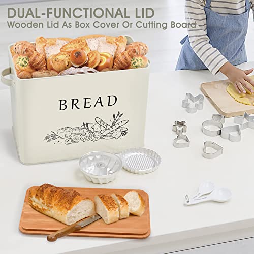 Teamfar Bread Box With Wooden Lid, 13.1” X 7.2” X 9.7” Metal Bread Container Storage Holder For Family Farmhouse Kitchen Countertop, Powder-Coated & Healthy, Large Capacity & Classic Pattern (Off White) #TOP4