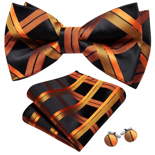 Image of Barry.Wang Paisley Striped Bow Tie for Men Silk Pre-Tied Bowtie Pocket Square Cufflinks Set Formal Wedding Party Prom