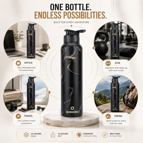 Image of Speedex Stainless Steel Printed Water Bottle 1 Ltr 1000 ml, BIS Approved, Leak Proof Sipper Cap Bottle for Office, School, Travel, Daily Use for Men, Women, Kids, Adults, Gold Mine, Set of 2