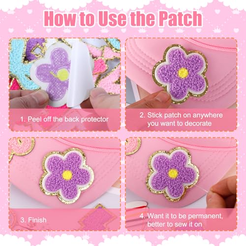 72 Pcs Preppy Chenille Patches Self Adhesive Embroidered for DIY Clothing,Include 52 A-Z Chenille Letter Patches Stickers,20 Rainbow Flower Lighting Bowknot Stick on Patches for Bags Backpacks Hats