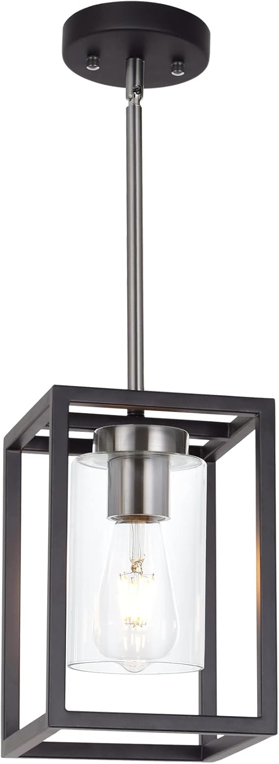 VINLUZ Single 1 Light Black and Brushed Nickel Modern Glass Pendant Light Industrial Modern Metal Chandelier with Clear Glass Shade for Dining Room Kitchen Island Foyer Cafe Black and Brushed Nickel 1 Light