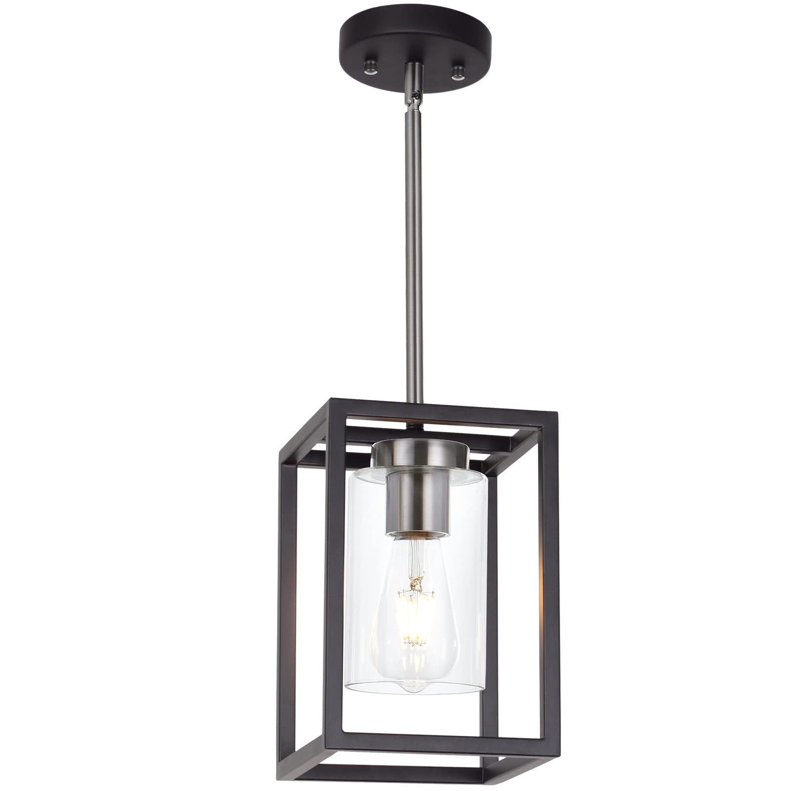 Single 1 Light Black and Brushed Nickel Modern Glass Pendant Light Industrial Modern Metal Chandelier with Clear Glass Shade for Dining Room Kitchen Island Foyer Cafe