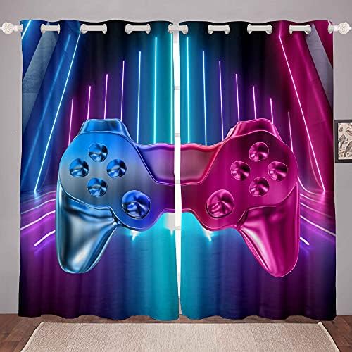 Boys Games Curtains Gamer Window Drapes for Teens Kids Men Black Modern Video Game Controller Window Treatments Cool Blue Red Action Buttons Window Curtain Room Decor W46*L54