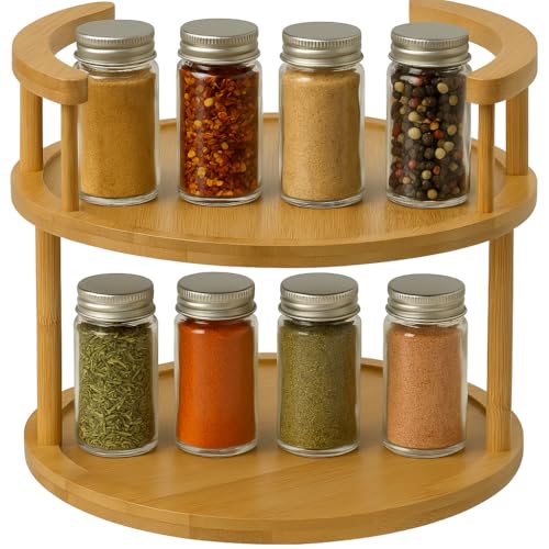 Go Do Shop Wooden Rotating Spice Rack - 2 Tier Lazy Susan Turntable Spice Organizer for Countertop & Pantry - Portable & Space-Saving Rotating Storage Rack for Kitchen with 360° Rotating Feature