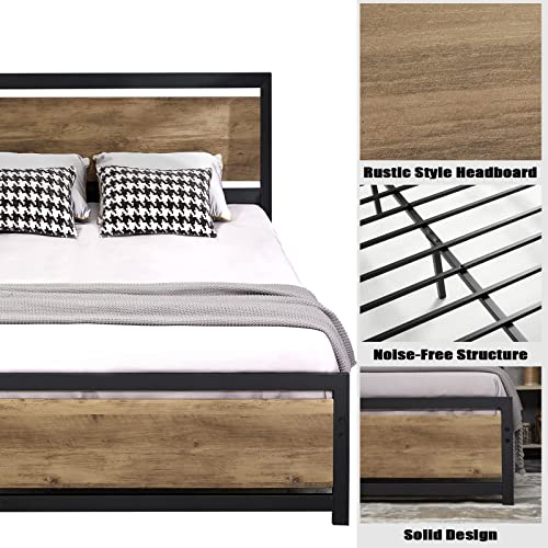 Amerlife Full Size Bed Frame With Wooden Headboard, Full Platform Bed Frame With Industrial Footboard/Heavy Duty Steel/Strong 4 U-Shaped Support Frames/Rustic Style/Easy Assembly/Light Brown #TOP5