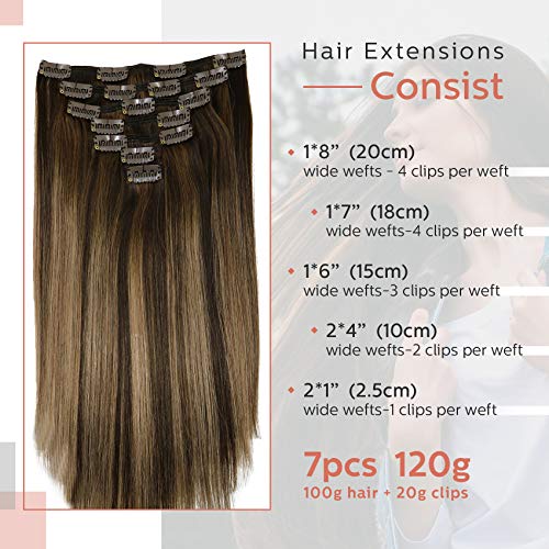 VARIO HAIR Extensions Clip in Chocolate Brown to Caramel Blonde Remy Human Hair Extensions Clip in Real Hair Extensions Natural Hair Extensions Straight 7pcs 120g 16 inch - Thumbnail 2