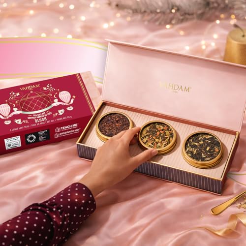 Image of VAHDAM Tea Gift Set - 3 Loose Leaf Teas in Premium Tin Caddy Box | Small Tea Gift Hamper for Women & Her | Christmas Gift, Teacher & Hostess Present | Assorted Tea Sampler for Tea Lovers