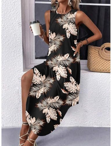 Image of Zeagoo Women Floral Summer Casual Beach Printed Tank Dress with Pockets Pleated Front Long Dress